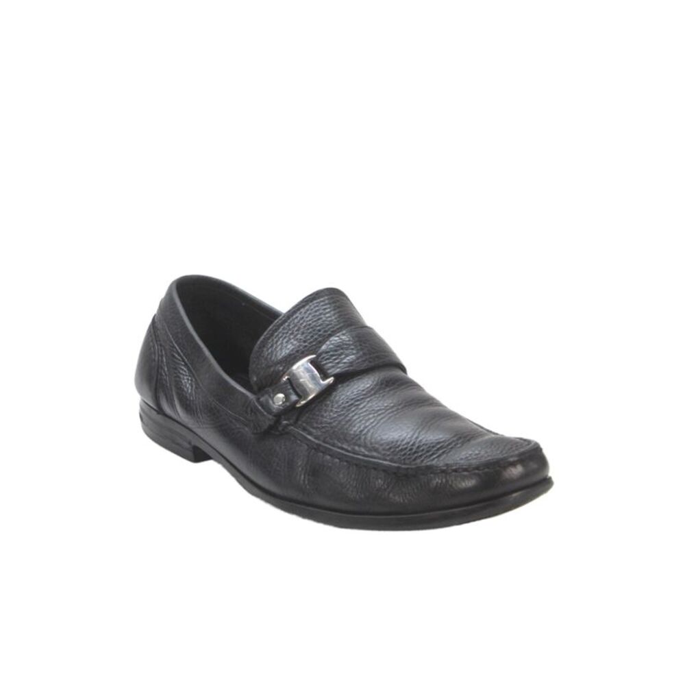 Salvatore Ferragamo Mens Leather Buckle Slip On Loafer Shoes Black Size 10